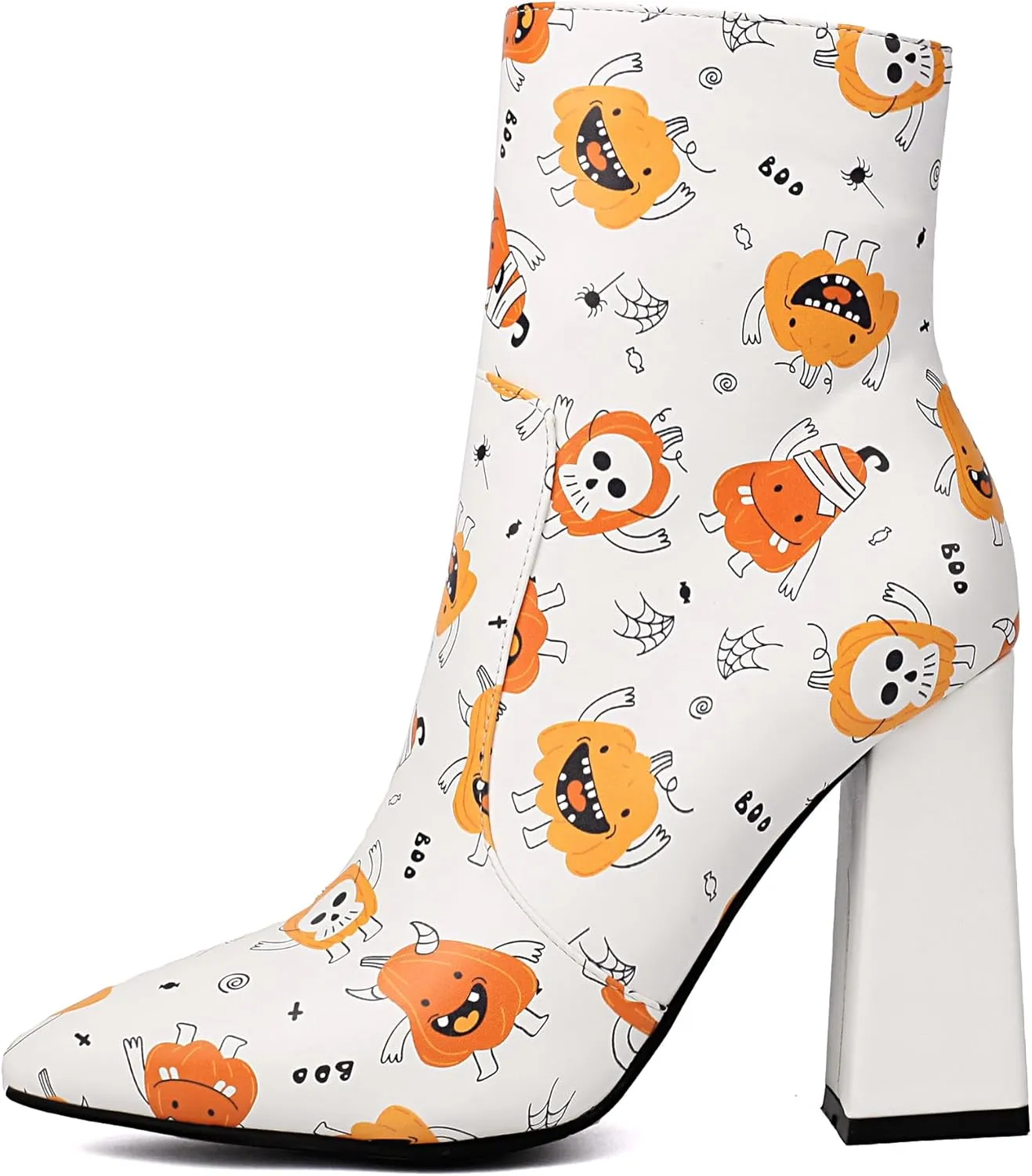 UP2STEP Fancy Pointed Toe Chunky Heels Pull on Print Side Zipper Party Dress Ankle Boots for Women