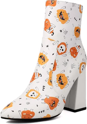 UP2STEP Fancy Pointed Toe Chunky Heels Pull on Print Side Zipper Party Dress Ankle Boots for Women
