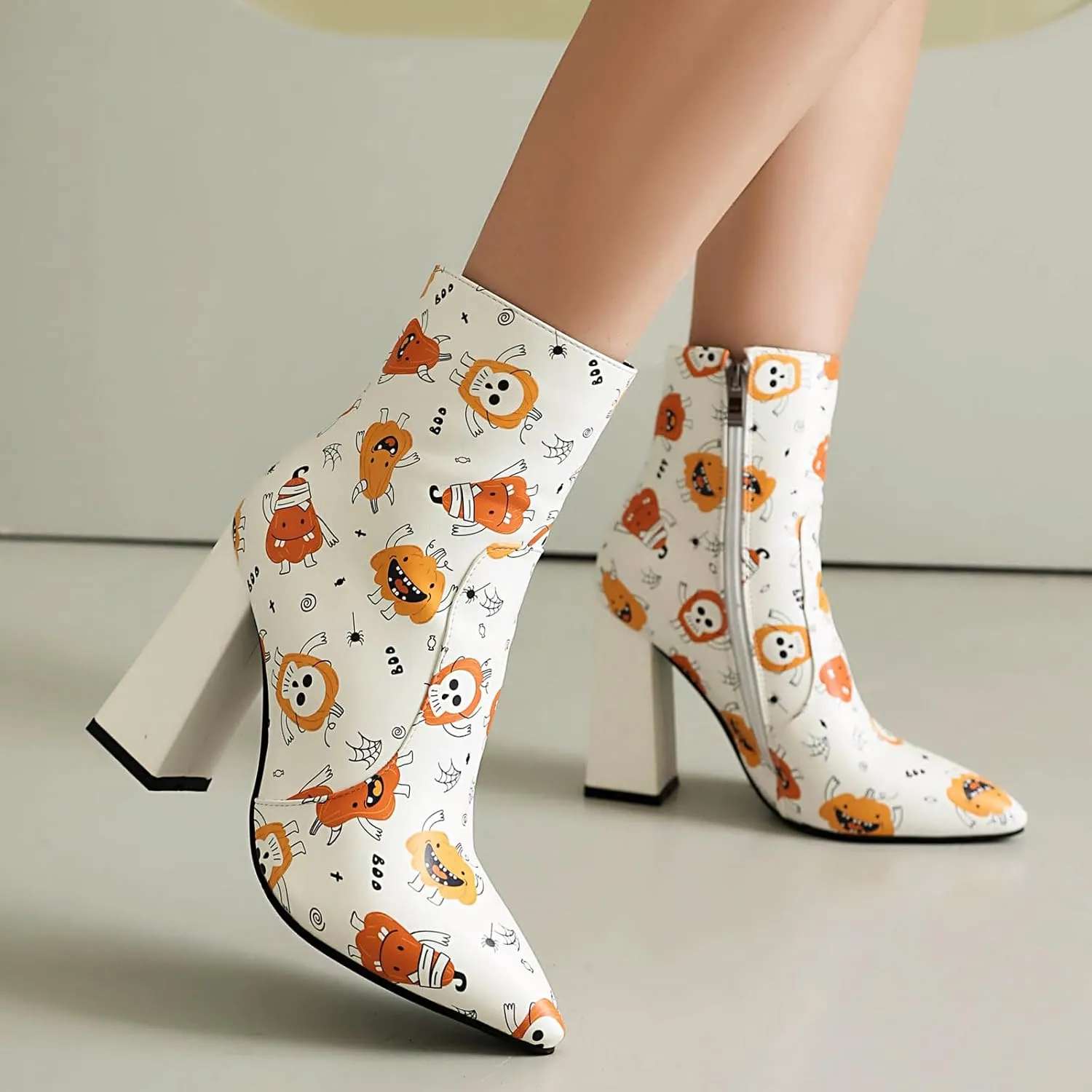 UP2STEP Fancy Pointed Toe Chunky Heels Pull on Print Side Zipper Party Dress Ankle Boots for Women