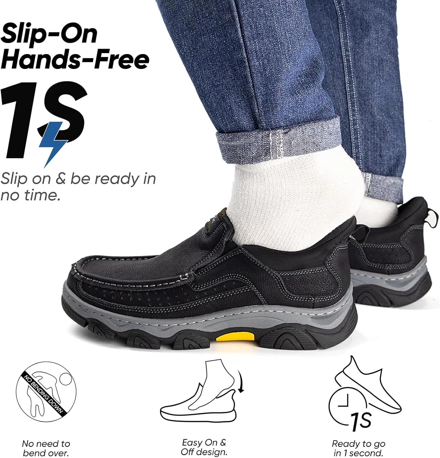 UPIShi Men's Hands Free Slip On Walking Leather Loafers Slip-ins Work Office Dress Casual Outdoor Lightweight Cushioning Shoes