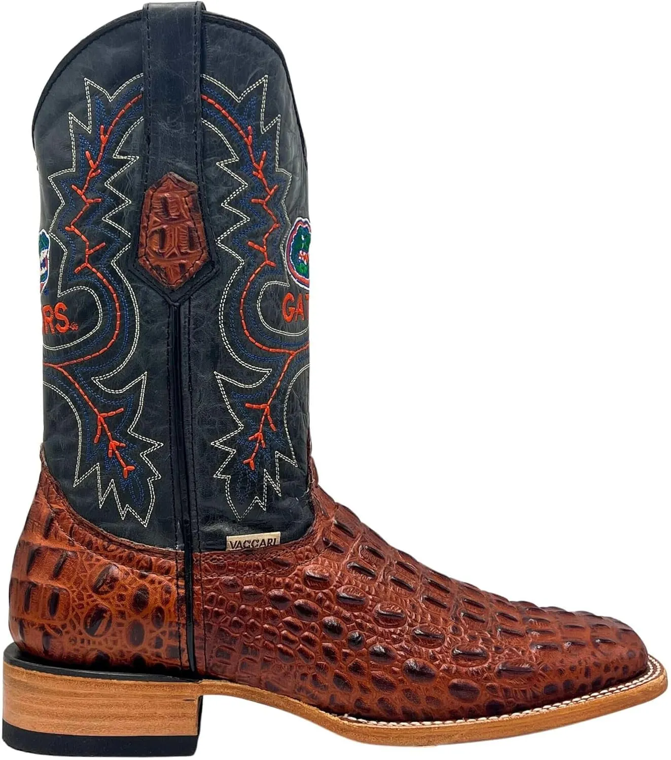 Vaccari Men's Jackson Genuine Hornback Alligator Print Leather & Embroidery Broad Square Toe Officially Licensed Cowboy University Boots