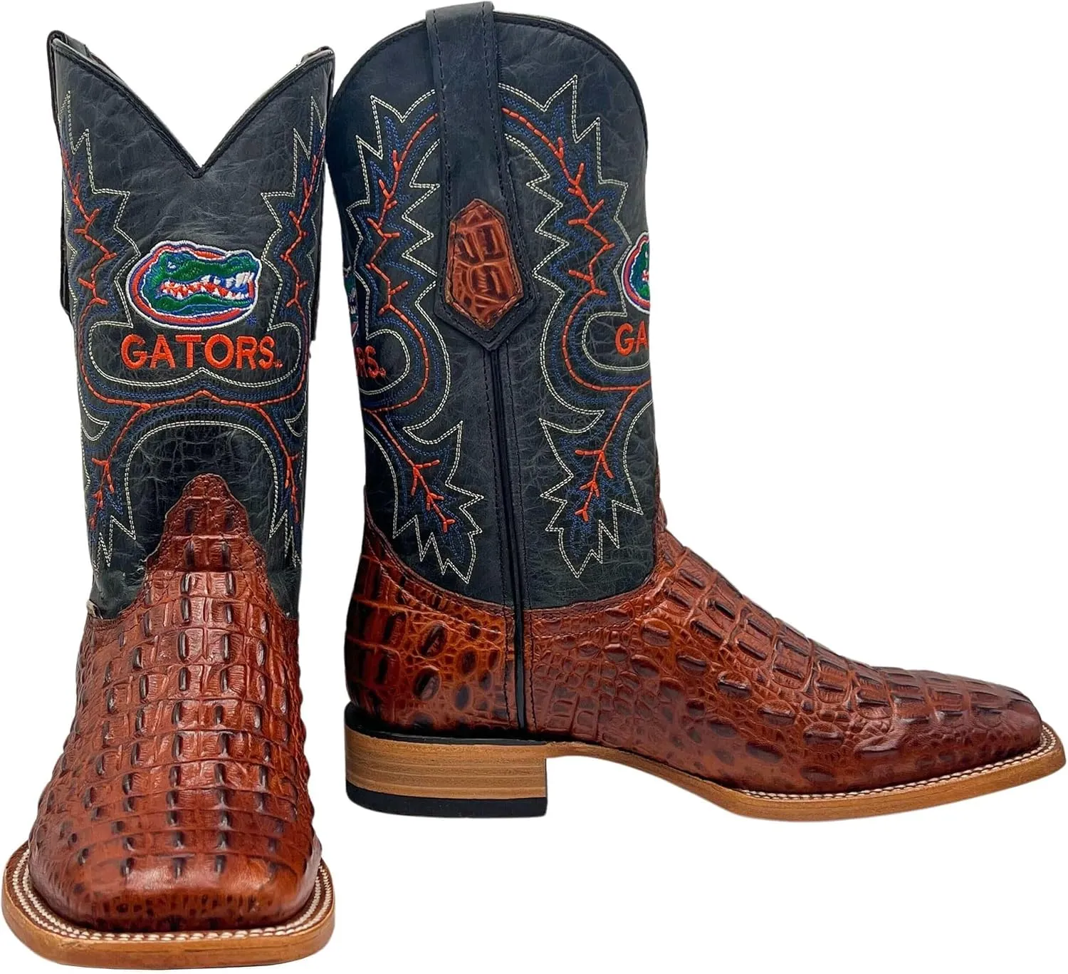Vaccari Men's Jackson Genuine Hornback Alligator Print Leather & Embroidery Broad Square Toe Officially Licensed Cowboy University Boots
