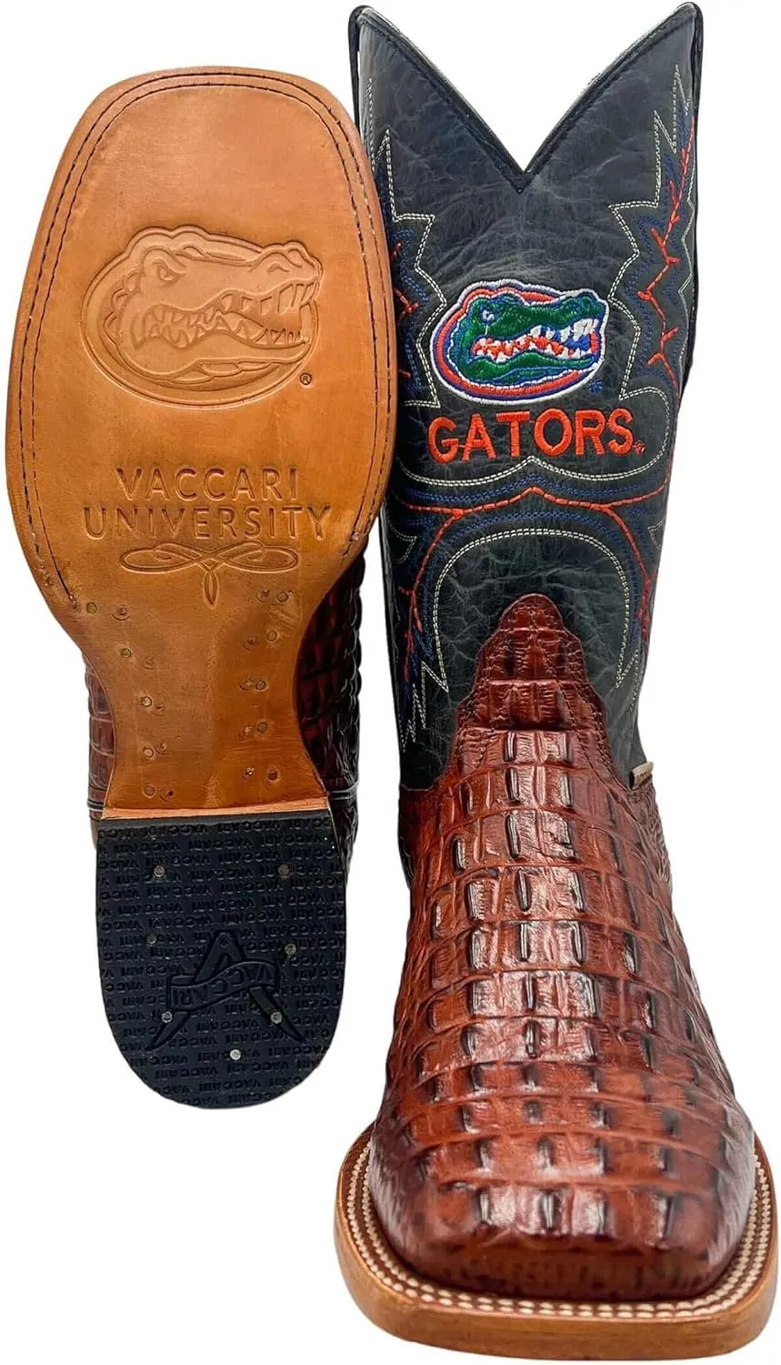 Vaccari Men's Jackson Genuine Hornback Alligator Print Leather & Embroidery Broad Square Toe Officially Licensed Cowboy University Boots