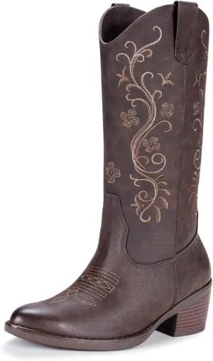 Vepose Women's Cowboy Boots, Embroidered Western Mid-Calf 9802 Cowgirl Boots, Pointed Toe Pull on Boots with Chunky Heel