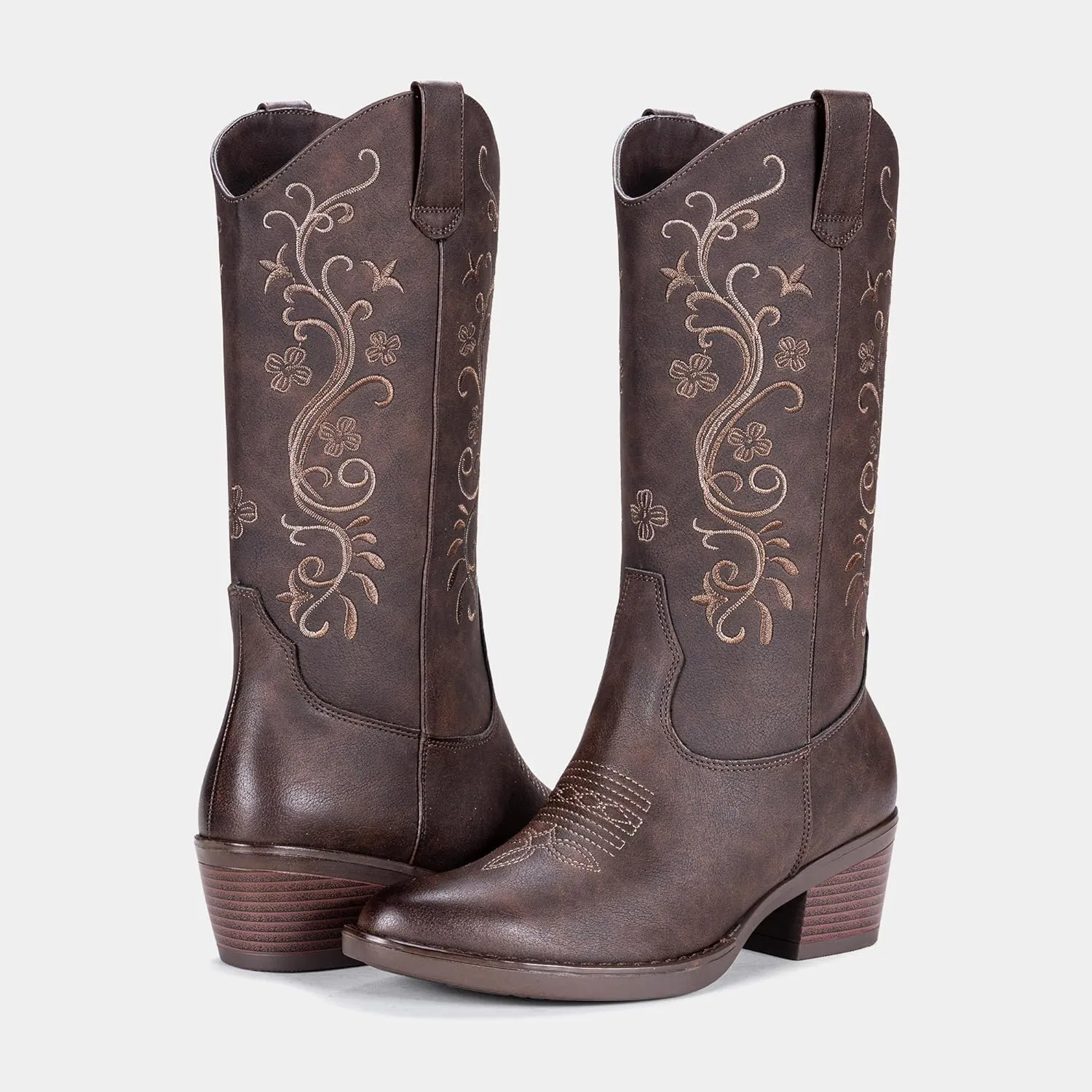 Vepose Women's Cowboy Boots, Embroidered Western Mid-Calf 9802 Cowgirl Boots, Pointed Toe Pull on Boots with Chunky Heel