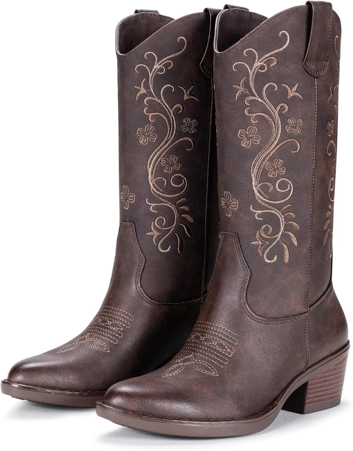 Vepose Women's Cowboy Boots, Embroidered Western Mid-Calf 9802 Cowgirl Boots, Pointed Toe Pull on Boots with Chunky Heel