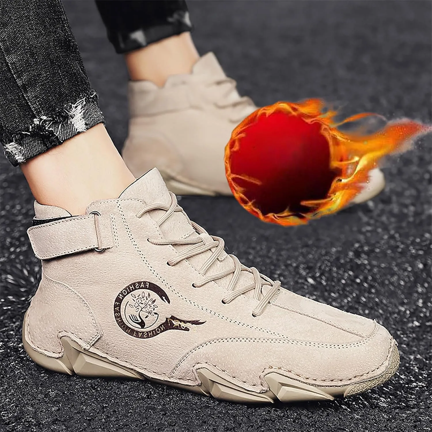 Versatile & Casual Sneaker New Winter Men's Padded Leather Korean High Top Hook Loop Short Boots Sport Shoes