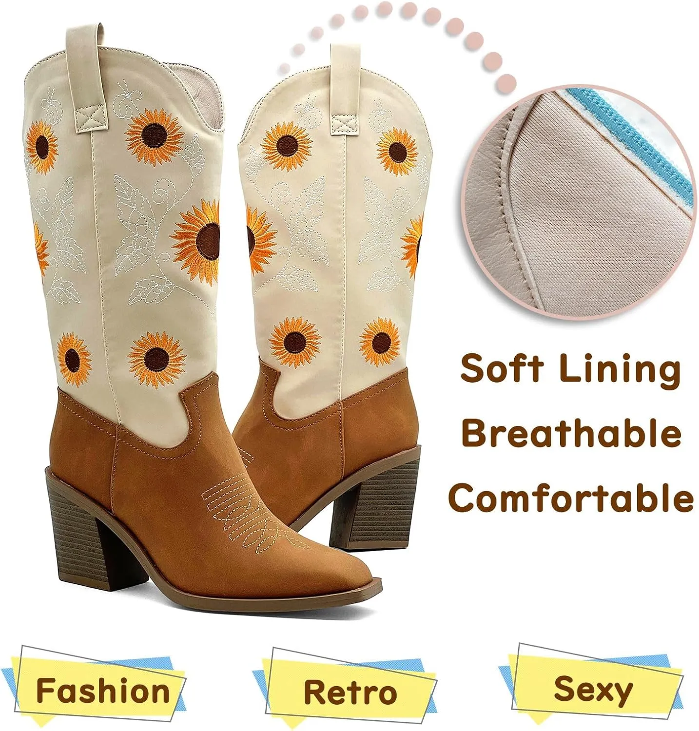 Western Cowboy Boots for Women Mid Calf Cowgirl Boots with Classic Sunflower Embroidered Slip On Square Toe Chunky High Heels Fashion Retro Pull-On Boot for Girls Ladies Fall & Winter