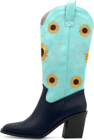 Western Cowboy Boots for Women Mid Calf Cowgirl Boots with Classic Sunflower Embroidered Slip On Square Toe Chunky High Heels Fashion Retro Pull-On Boot for Girls Ladies Fall & Winter