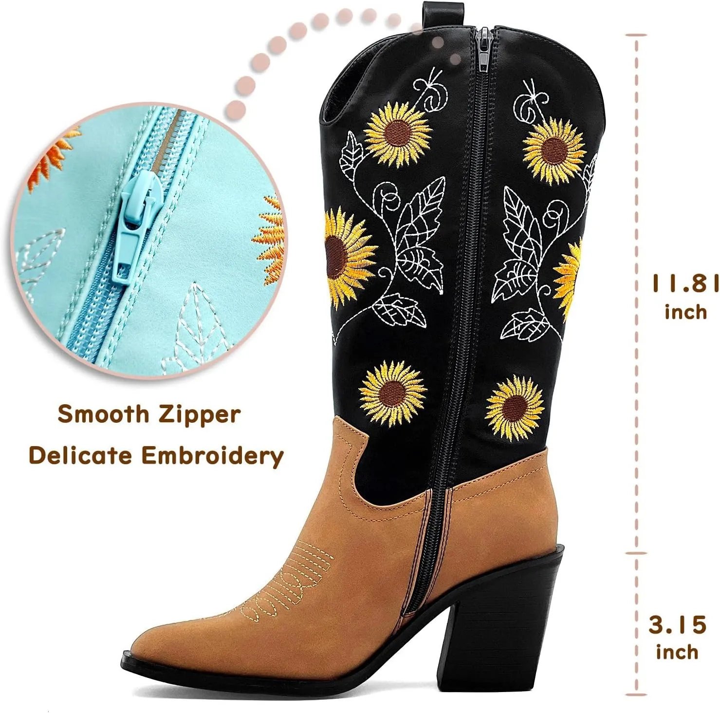 Western Cowboy Boots for Women Mid Calf Cowgirl Boots with Classic Sunflower Embroidered Slip On Square Toe Chunky High Heels Fashion Retro Pull-On Boot for Girls Ladies Fall & Winter