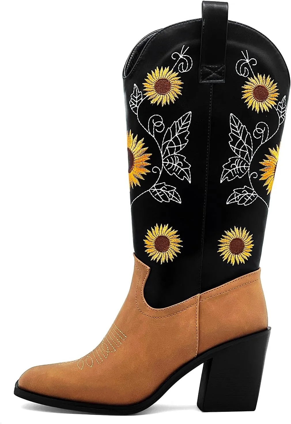 Western Cowboy Boots for Women Mid Calf Cowgirl Boots with Classic Sunflower Embroidered Slip On Square Toe Chunky High Heels Fashion Retro Pull-On Boot for Girls Ladies Fall & Winter