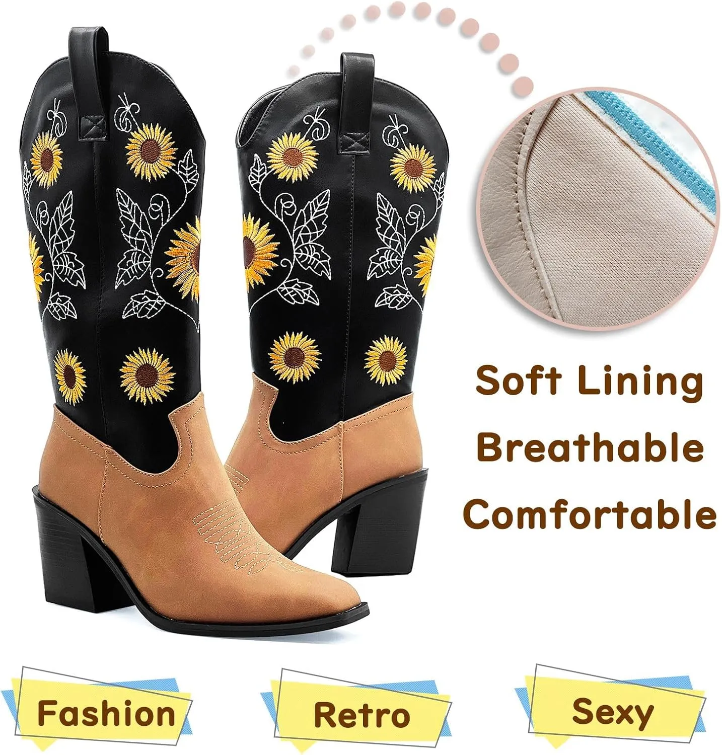 Western Cowboy Boots for Women Mid Calf Cowgirl Boots with Classic Sunflower Embroidered Slip On Square Toe Chunky High Heels Fashion Retro Pull-On Boot for Girls Ladies Fall & Winter