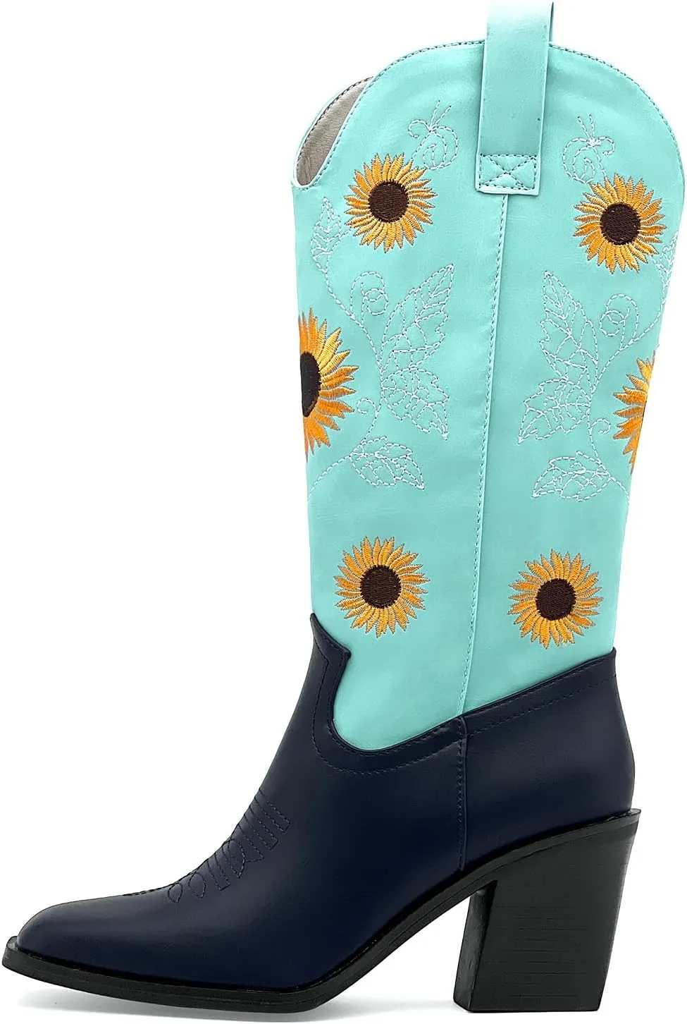 Western Cowboy Boots for Women Mid Calf Cowgirl Boots with Classic Sunflower Embroidered Slip On Square Toe Chunky High Heels Fashion Retro Pull-On Boot for Girls Ladies Fall & Winter