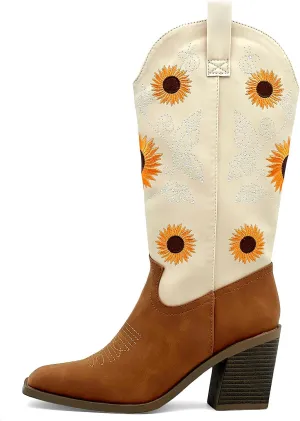 Western Cowboy Boots for Women Mid Calf Cowgirl Boots with Classic Sunflower Embroidered Slip On Square Toe Chunky High Heels Fashion Retro Pull-On Boot for Girls Ladies Fall & Winter