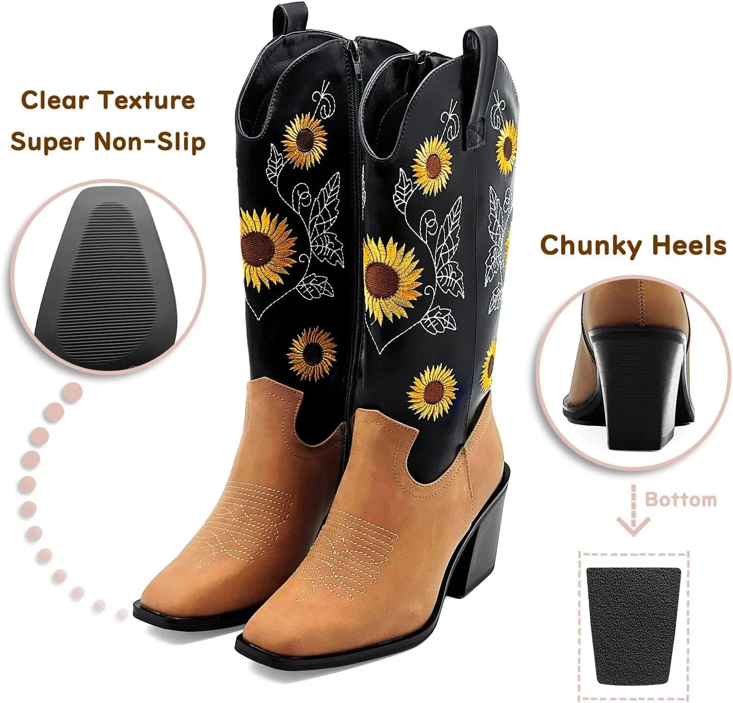 Western Cowboy Boots for Women Mid Calf Cowgirl Boots with Classic Sunflower Embroidered Slip On Square Toe Chunky High Heels Fashion Retro Pull-On Boot for Girls Ladies Fall & Winter