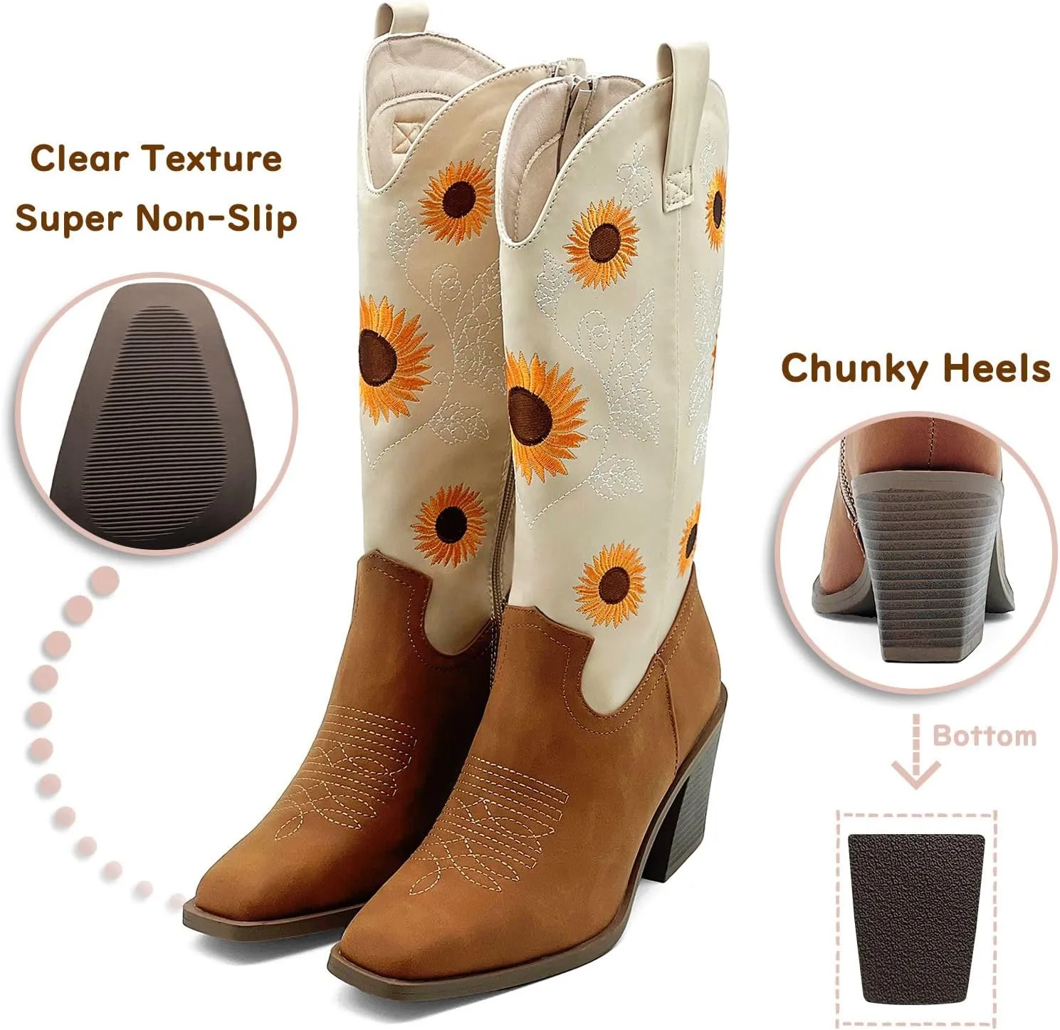 Western Cowboy Boots for Women Mid Calf Cowgirl Boots with Classic Sunflower Embroidered Slip On Square Toe Chunky High Heels Fashion Retro Pull-On Boot for Girls Ladies Fall & Winter