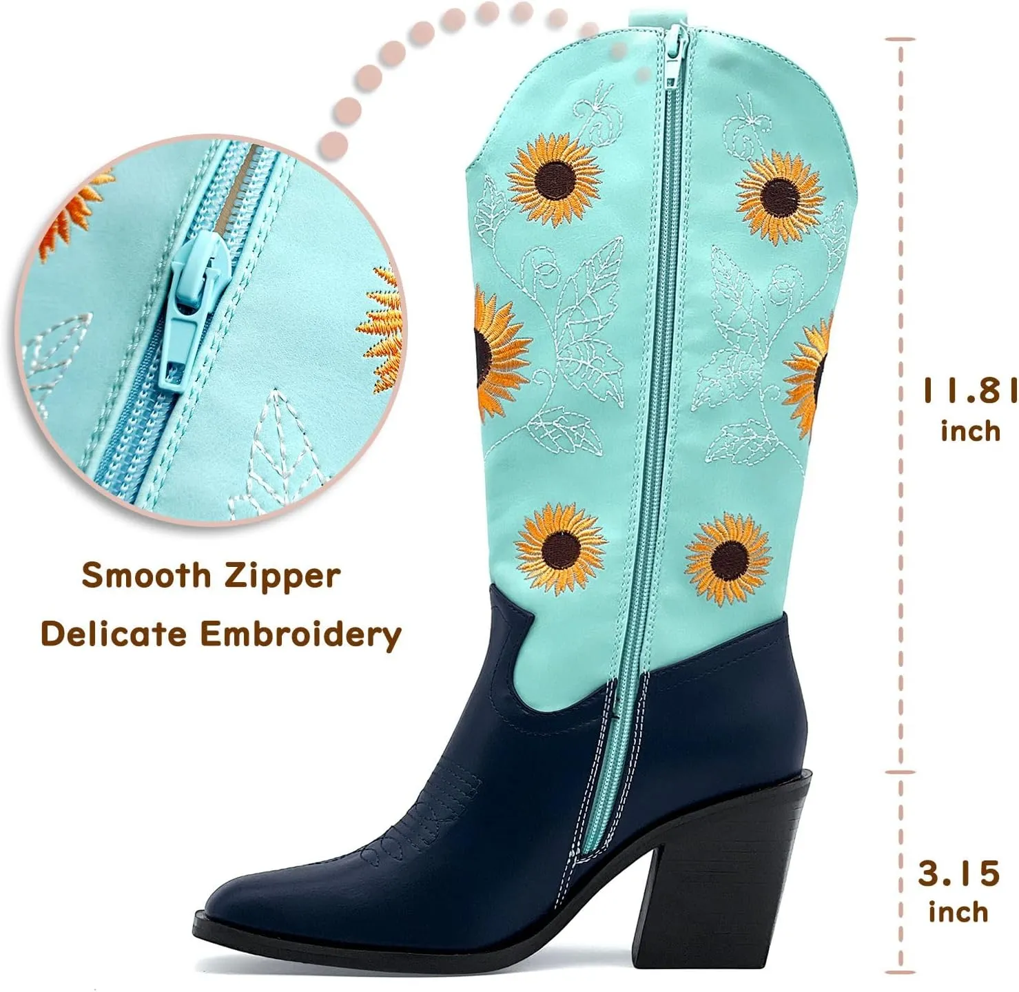 Western Cowboy Boots for Women Mid Calf Cowgirl Boots with Classic Sunflower Embroidered Slip On Square Toe Chunky High Heels Fashion Retro Pull-On Boot for Girls Ladies Fall & Winter