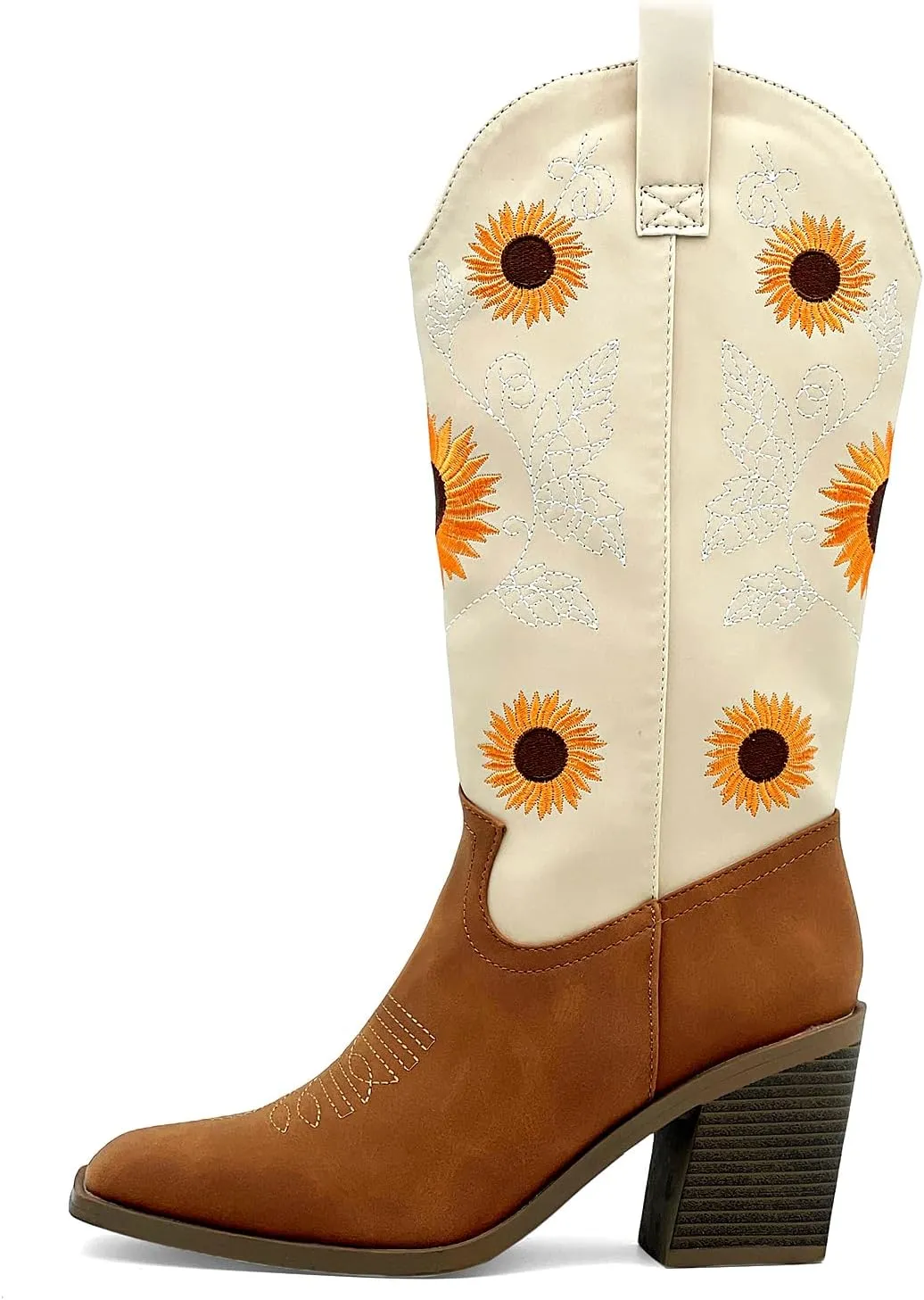 Western Cowboy Boots for Women Mid Calf Cowgirl Boots with Classic Sunflower Embroidered Slip On Square Toe Chunky High Heels Fashion Retro Pull-On Boot for Girls Ladies Fall & Winter