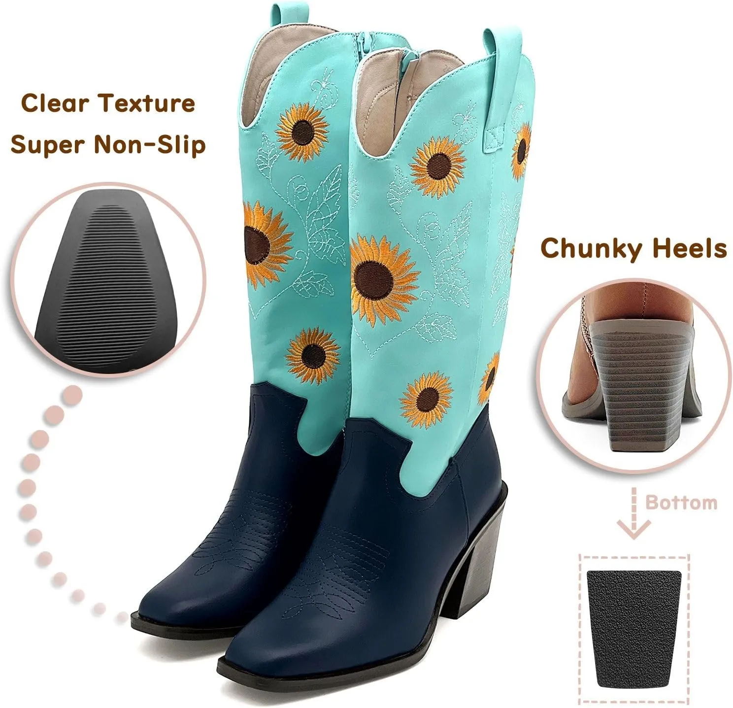 Western Cowboy Boots for Women Mid Calf Cowgirl Boots with Classic Sunflower Embroidered Slip On Square Toe Chunky High Heels Fashion Retro Pull-On Boot for Girls Ladies Fall & Winter