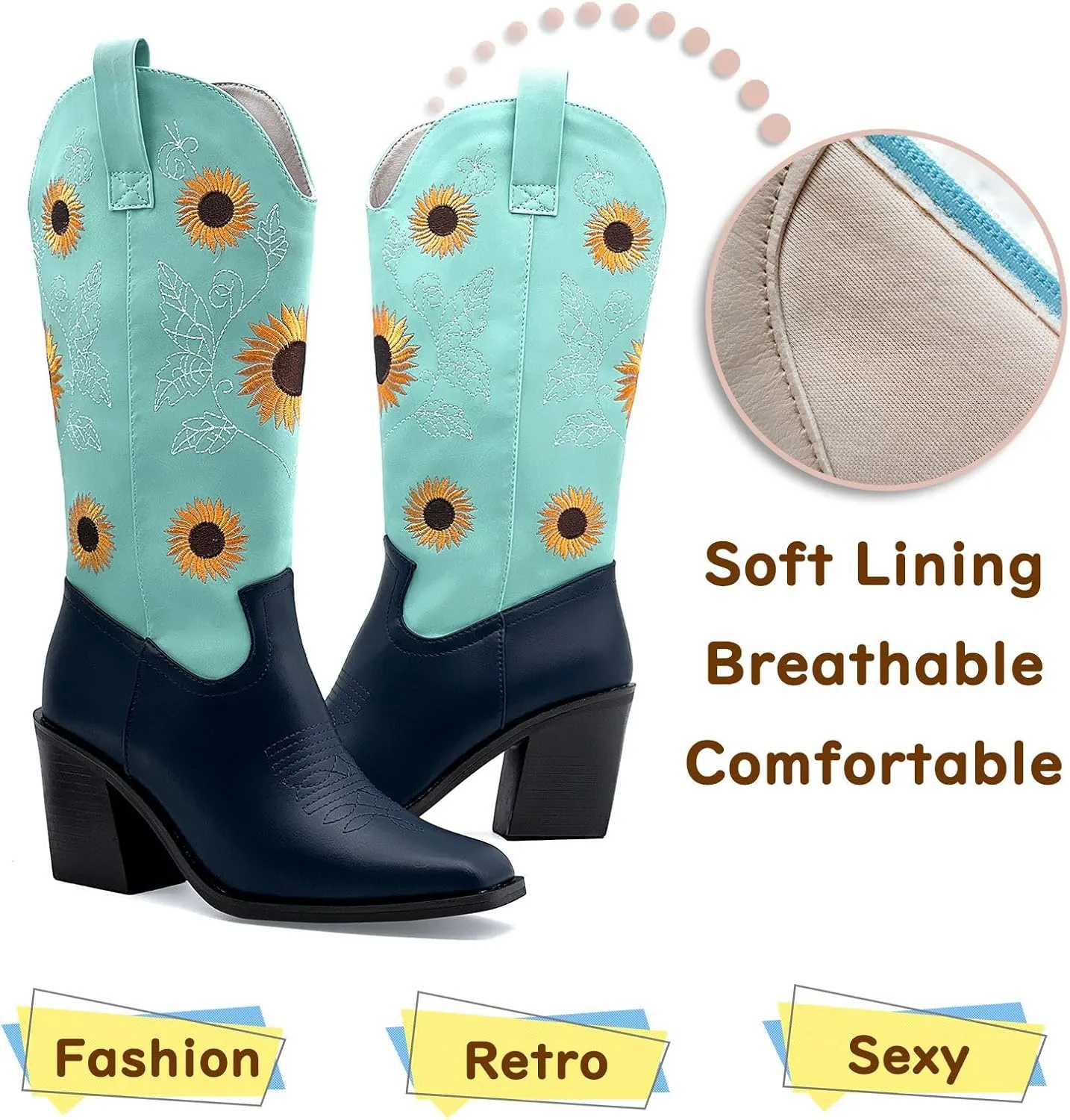 Western Cowboy Boots for Women Mid Calf Cowgirl Boots with Classic Sunflower Embroidered Slip On Square Toe Chunky High Heels Fashion Retro Pull-On Boot for Girls Ladies Fall & Winter