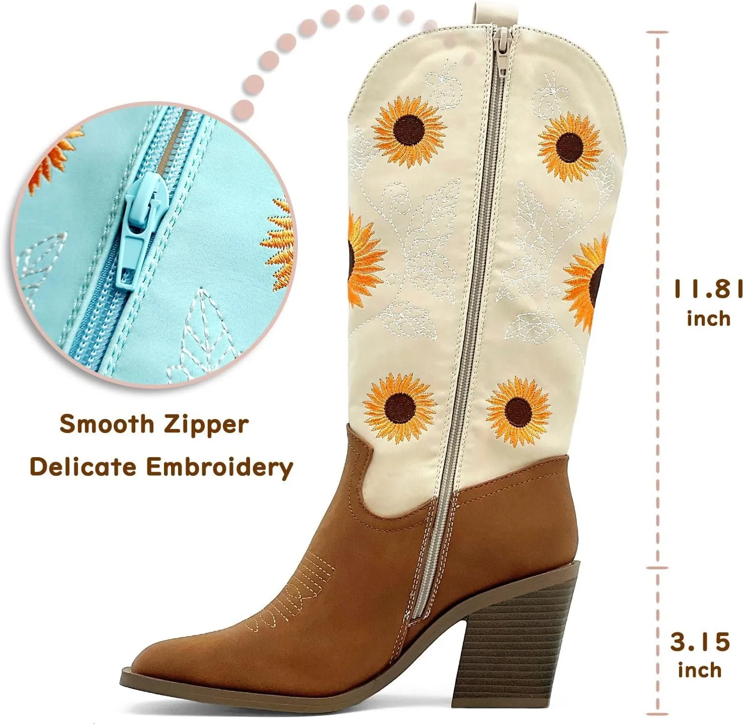 Western Cowboy Boots for Women Mid Calf Cowgirl Boots with Classic Sunflower Embroidered Slip On Square Toe Chunky High Heels Fashion Retro Pull-On Boot for Girls Ladies Fall & Winter