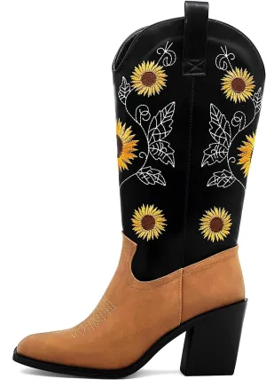 Western Cowboy Boots for Women Mid Calf Cowgirl Boots with Classic Sunflower Embroidered Slip On Square Toe Chunky High Heels Fashion Retro Pull-On Boot for Girls Ladies Fall & Winter
