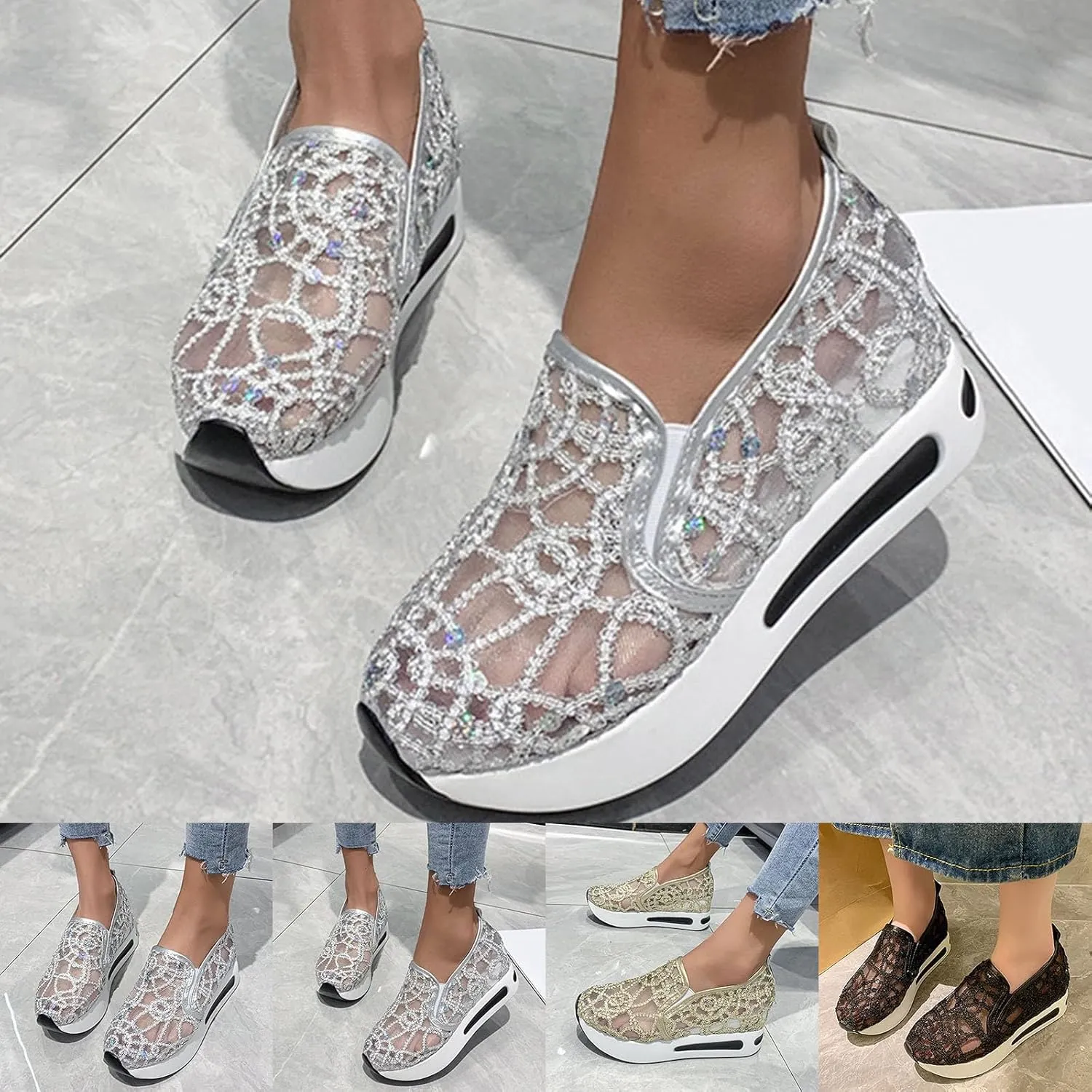 White Sneakers for Women Lace Fashion Sneakers Floral Embroidery Platform Sneakers Mesh Wedge Shoes Comfortable Casual Outdoor Walking Shoes Slip On Tennis Shoes Work Shoes