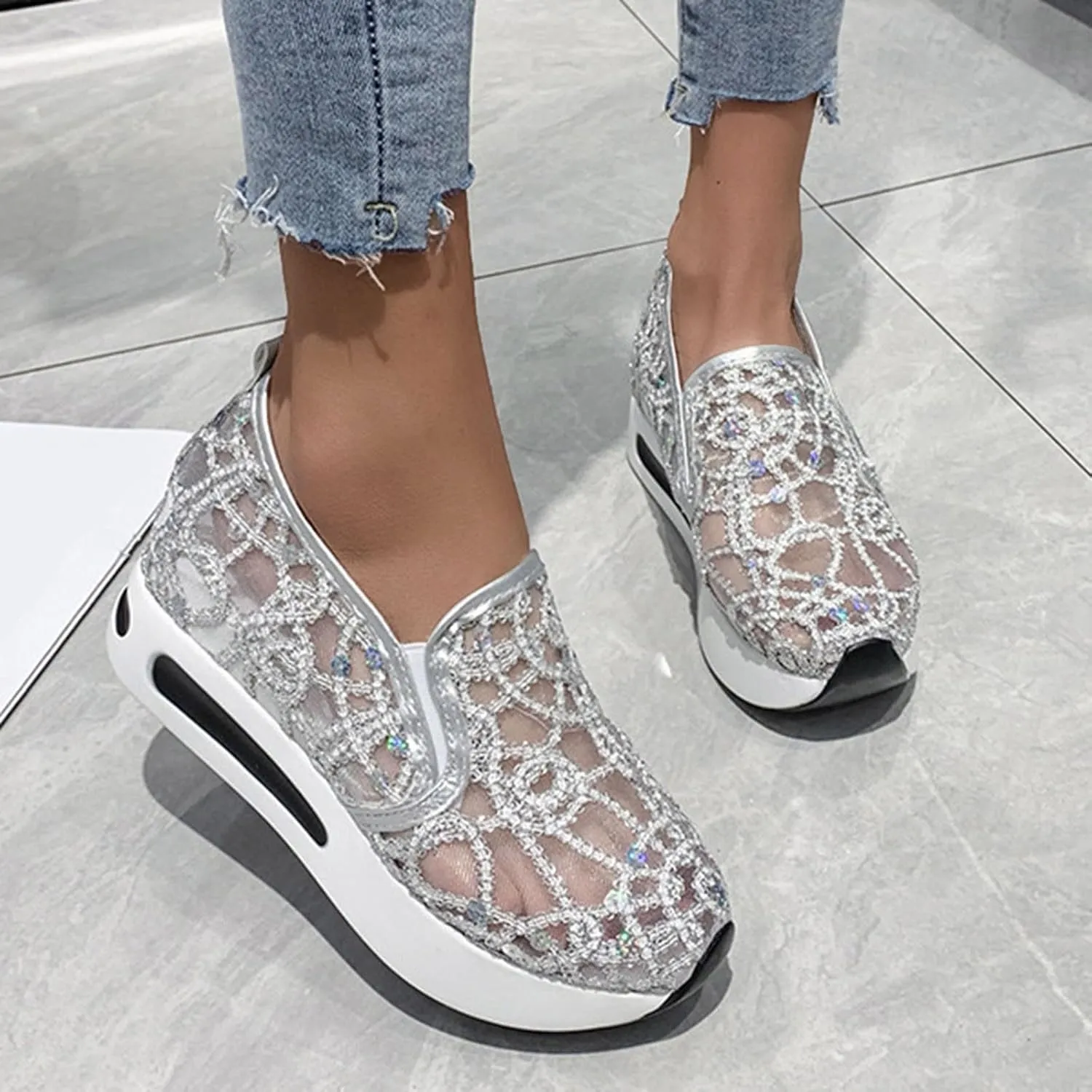 White Sneakers for Women Lace Fashion Sneakers Floral Embroidery Platform Sneakers Mesh Wedge Shoes Comfortable Casual Outdoor Walking Shoes Slip On Tennis Shoes Work Shoes