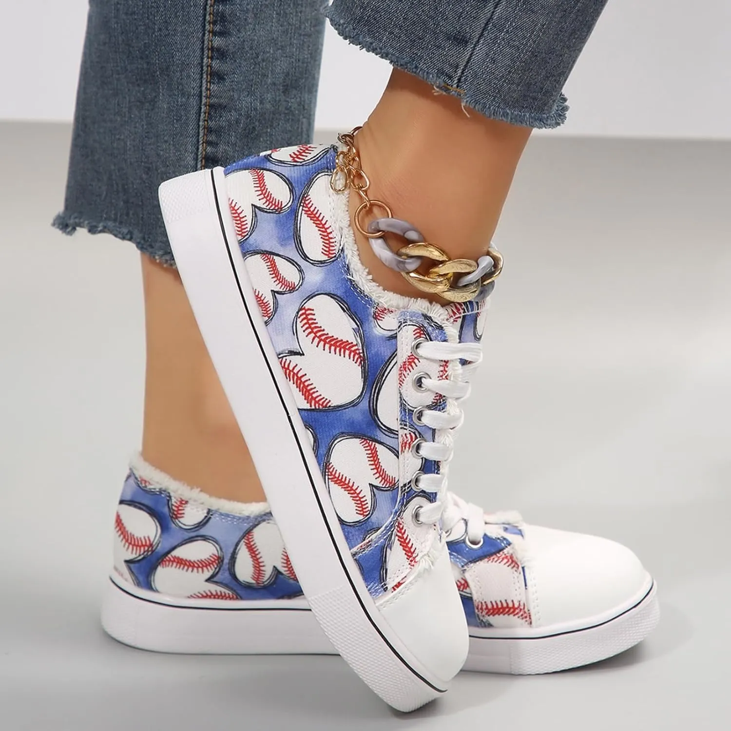 Women Baseball Print Shoes Canvas Sneakers Trendy Casual Walking Shoes