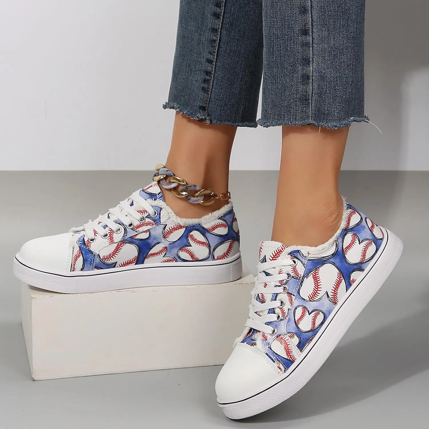 Women Baseball Print Shoes Canvas Sneakers Trendy Casual Walking Shoes