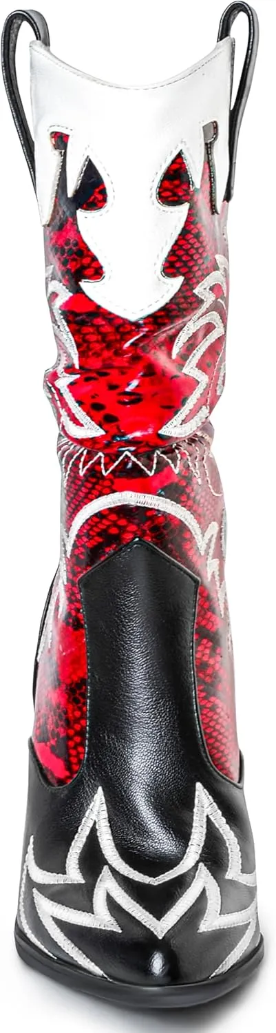 Women Cowboy Boots Mid Calf Embroidered Cowgirl Knee High Chunky Heel Western Pointed Toe