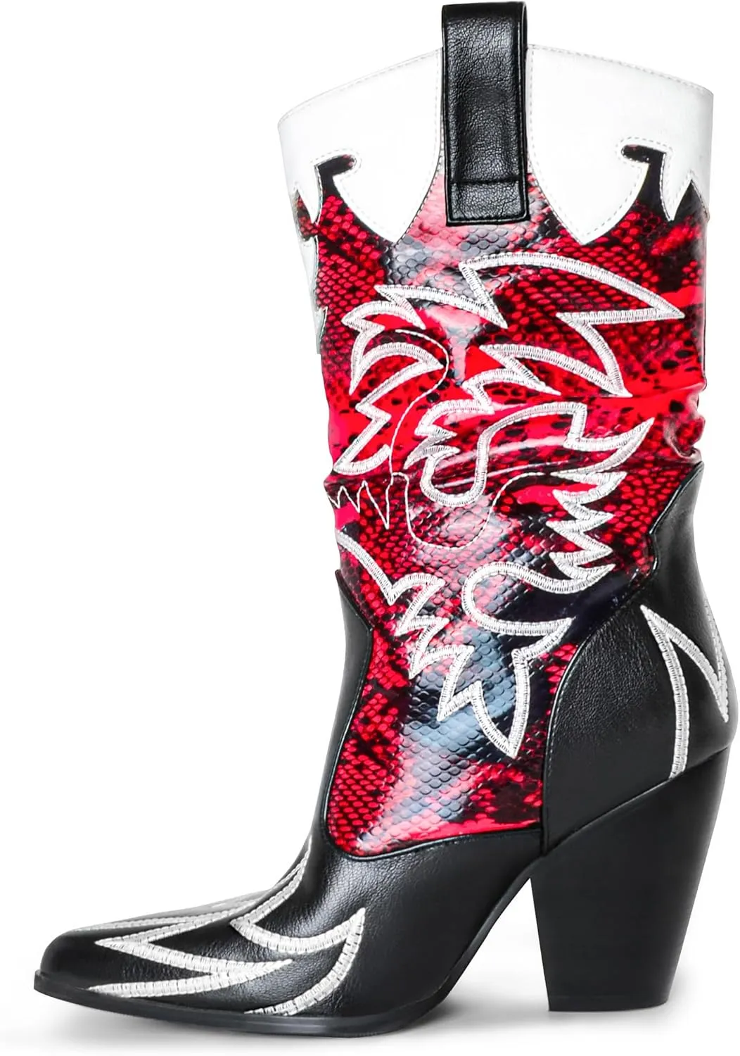 Women Cowboy Boots Mid Calf Embroidered Cowgirl Knee High Chunky Heel Western Pointed Toe
