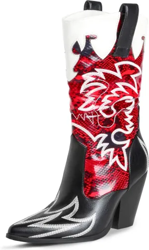 Women Cowboy Boots Mid Calf Embroidered Cowgirl Knee High Chunky Heel Western Pointed Toe