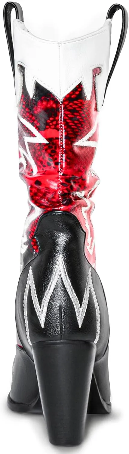 Women Cowboy Boots Mid Calf Embroidered Cowgirl Knee High Chunky Heel Western Pointed Toe