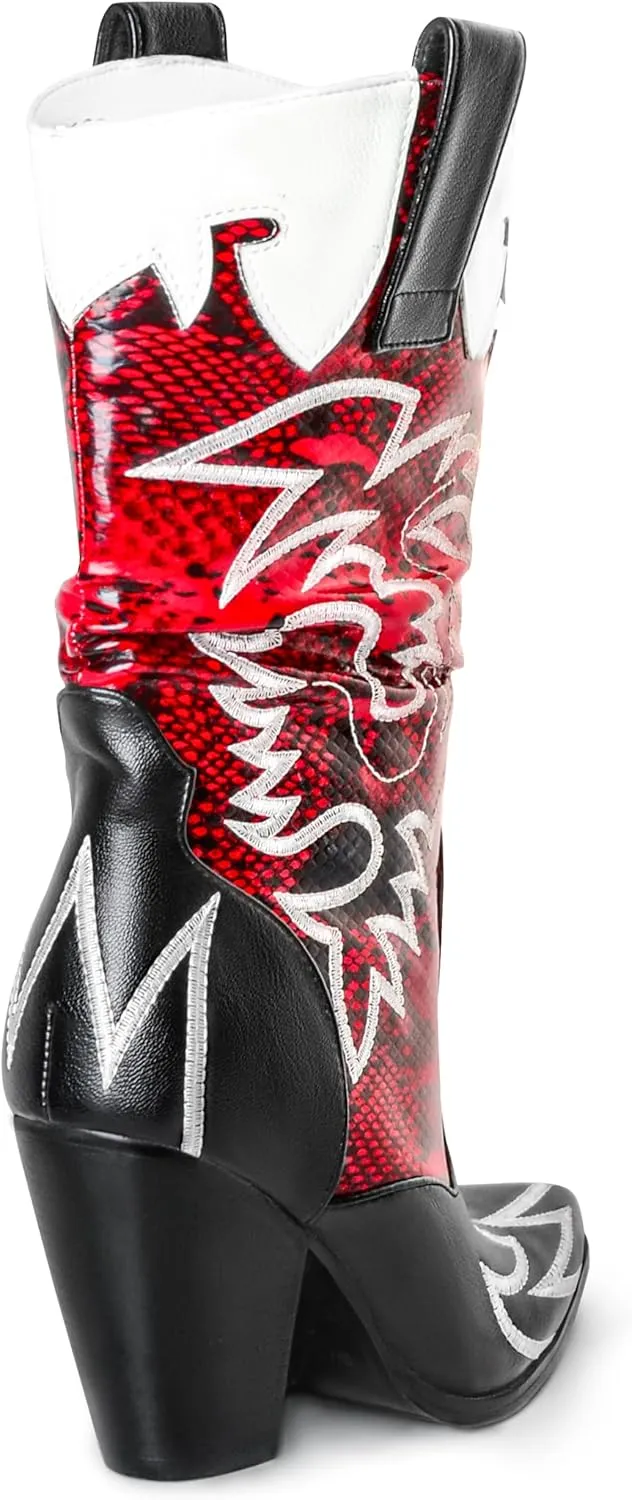 Women Cowboy Boots Mid Calf Embroidered Cowgirl Knee High Chunky Heel Western Pointed Toe