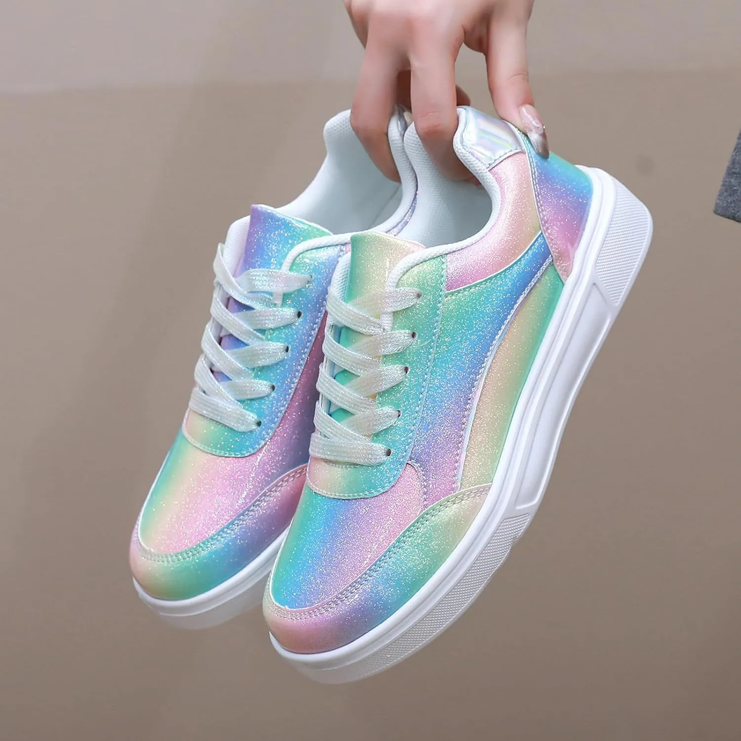 Women Shoes Casual Sneakers for Women Lace Up Skate Shoes Classicial White Shoes Cute Design Rainbow Colored Fashion Shoes for Students