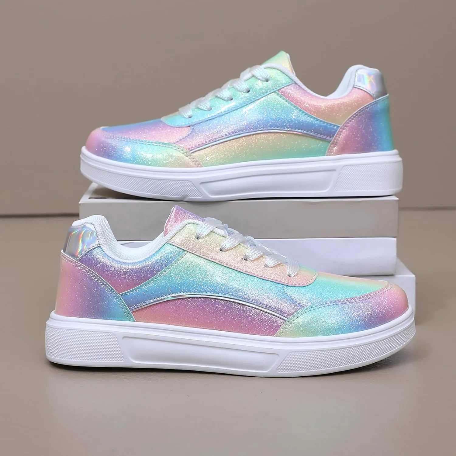 Women Shoes Casual Sneakers for Women Lace Up Skate Shoes Classicial White Shoes Cute Design Rainbow Colored Fashion Shoes for Students