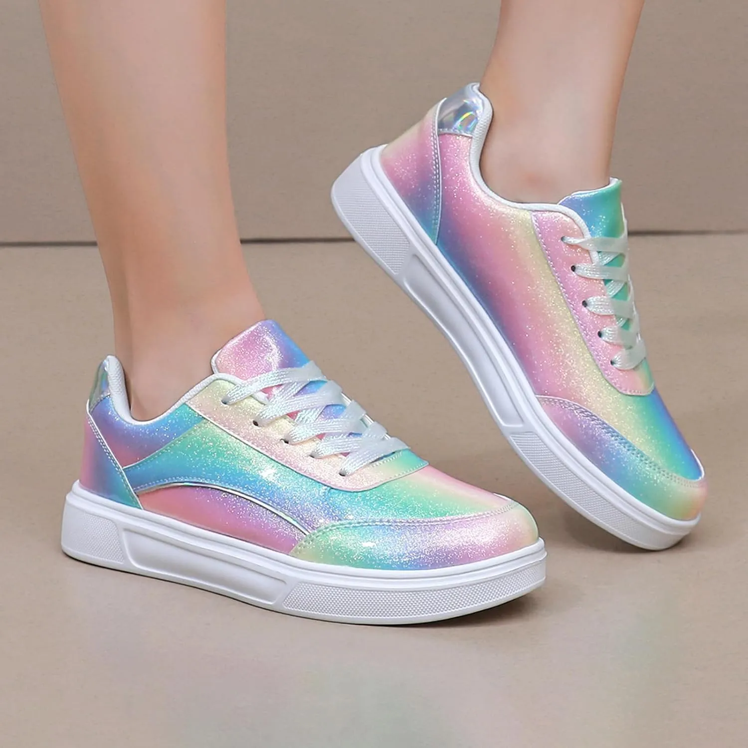 Women Shoes Casual Sneakers for Women Lace Up Skate Shoes Classicial White Shoes Cute Design Rainbow Colored Fashion Shoes for Students