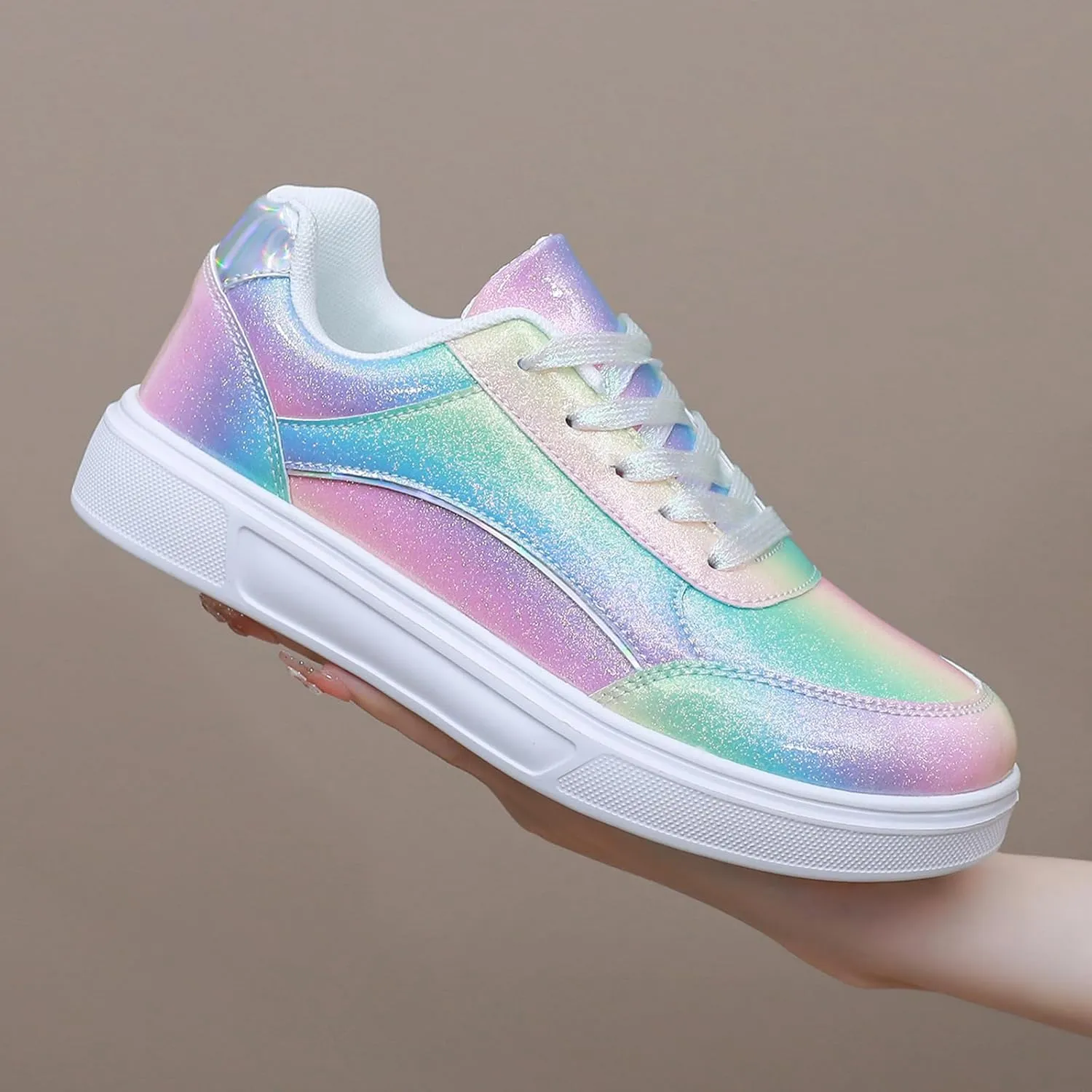 Women Shoes Casual Sneakers for Women Lace Up Skate Shoes Classicial White Shoes Cute Design Rainbow Colored Fashion Shoes for Students