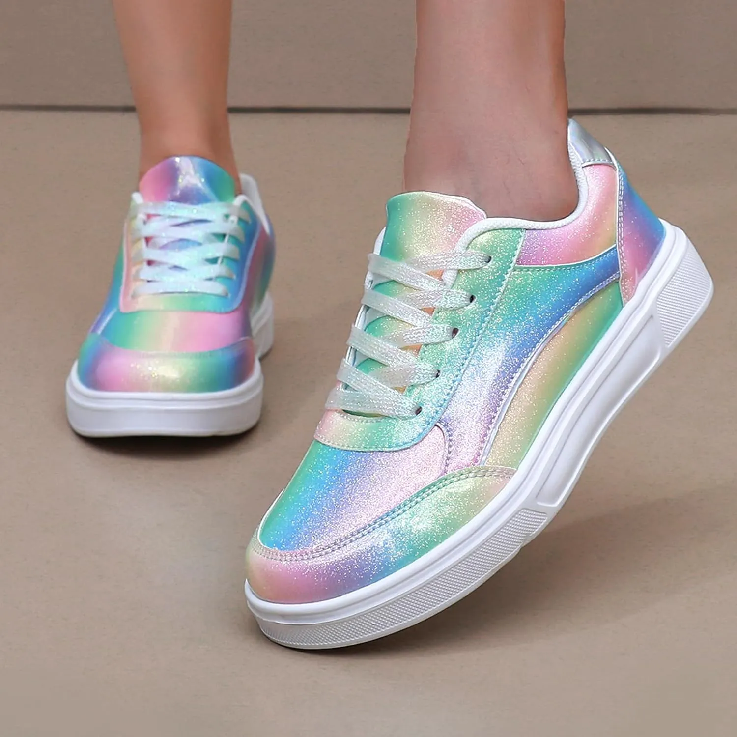 Women Shoes Casual Sneakers for Women Lace Up Skate Shoes Classicial White Shoes Cute Design Rainbow Colored Fashion Shoes for Students