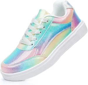 Women Shoes Casual Sneakers for Women Lace Up Skate Shoes Classicial White Shoes Cute Design Rainbow Colored Fashion Shoes for Students