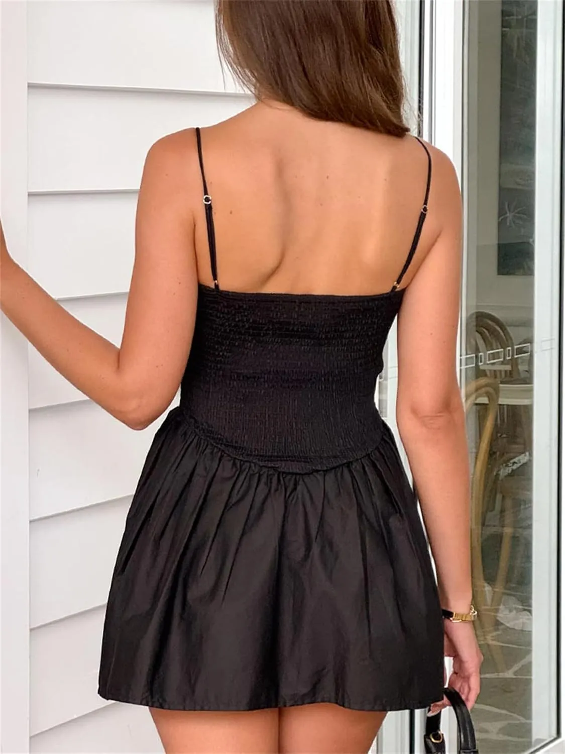Women Y2K Fairycore Mini Dress Smocked Ruffle Spaghetti Strap Flowy Dress Solid Color Clean Fit Summer Streetwear
