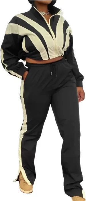 Women's 2 Piece 80s Outfit Color Block Windbreaker Tracksuit Set Crop Top Sweatshirt and Pants Retro Jacket
