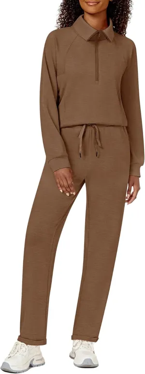 Women's 2 Piece Sets Sweatsuit Lapel Half Zip Sweatshirt Sweatpants Lounge Matching Sets Fall Outfits
