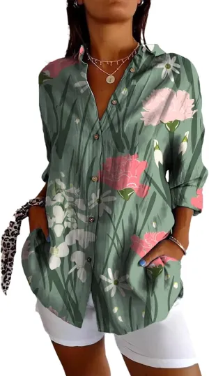 Womens Casual Blouses Loose Plus Size Y2k Boho Floral Button Long Sleeve Tunic Shirts Comfy Trendy Summer Outfits