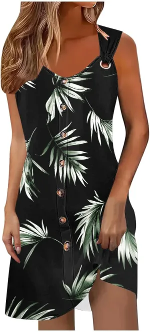 Women's Crewneck Sleeveless Sundress Boho Floral Print Beach Dresses Loose Fit Trendy Comfortable Clothing