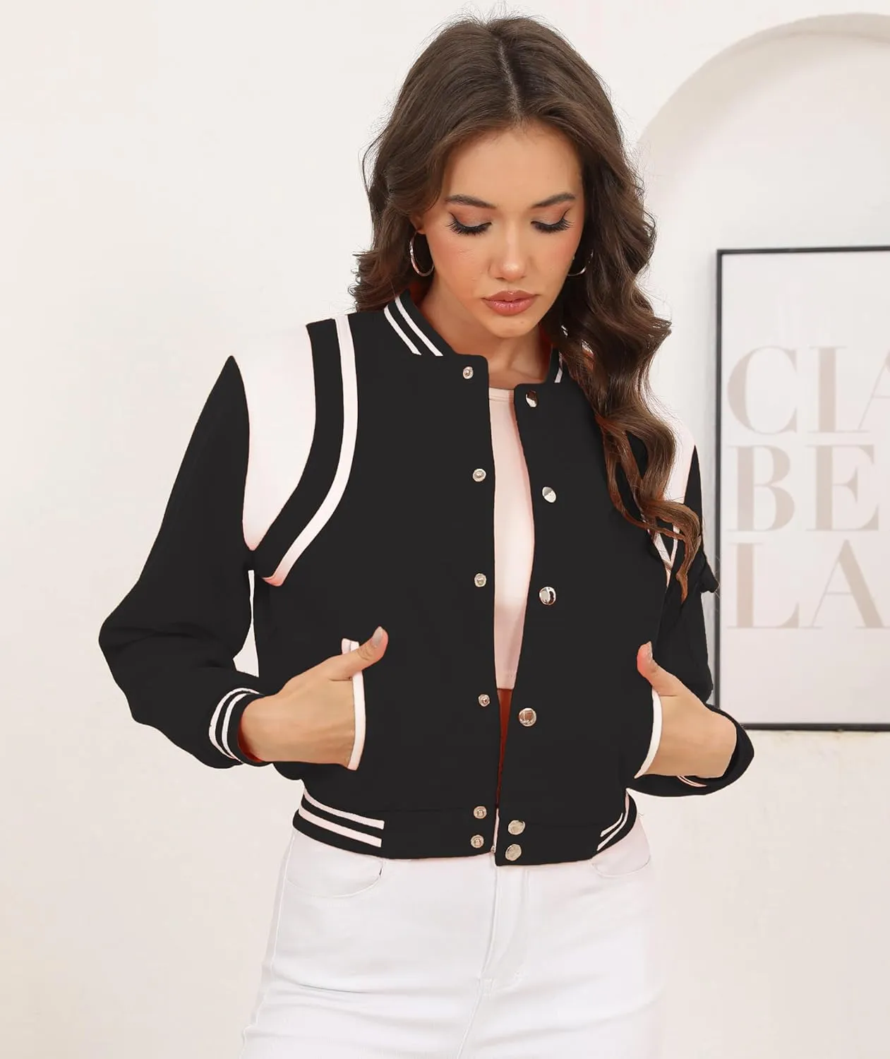 Womens Cropped Bomber Jacket Long Sleeve Button Down Baseball Varsity Fall Outerwear