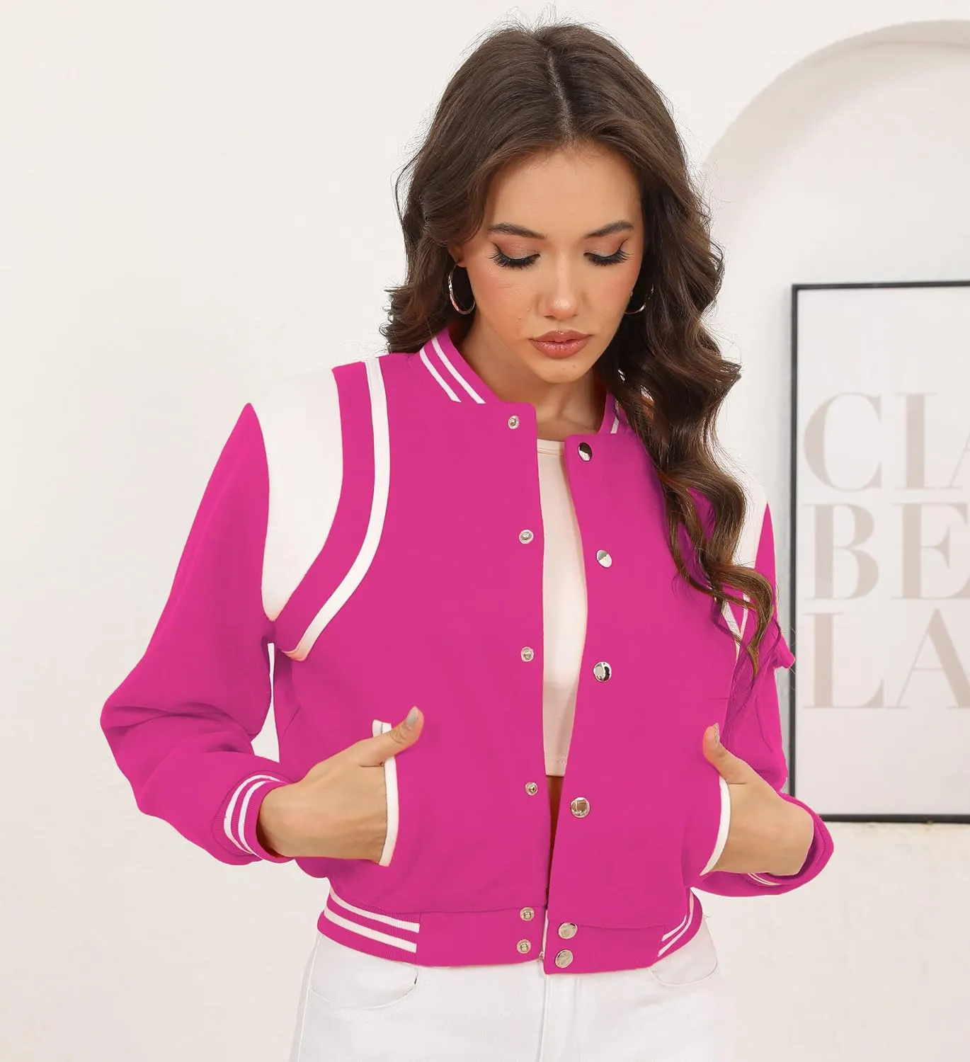 Womens Cropped Bomber Jacket Long Sleeve Button Down Baseball Varsity Fall Outerwear