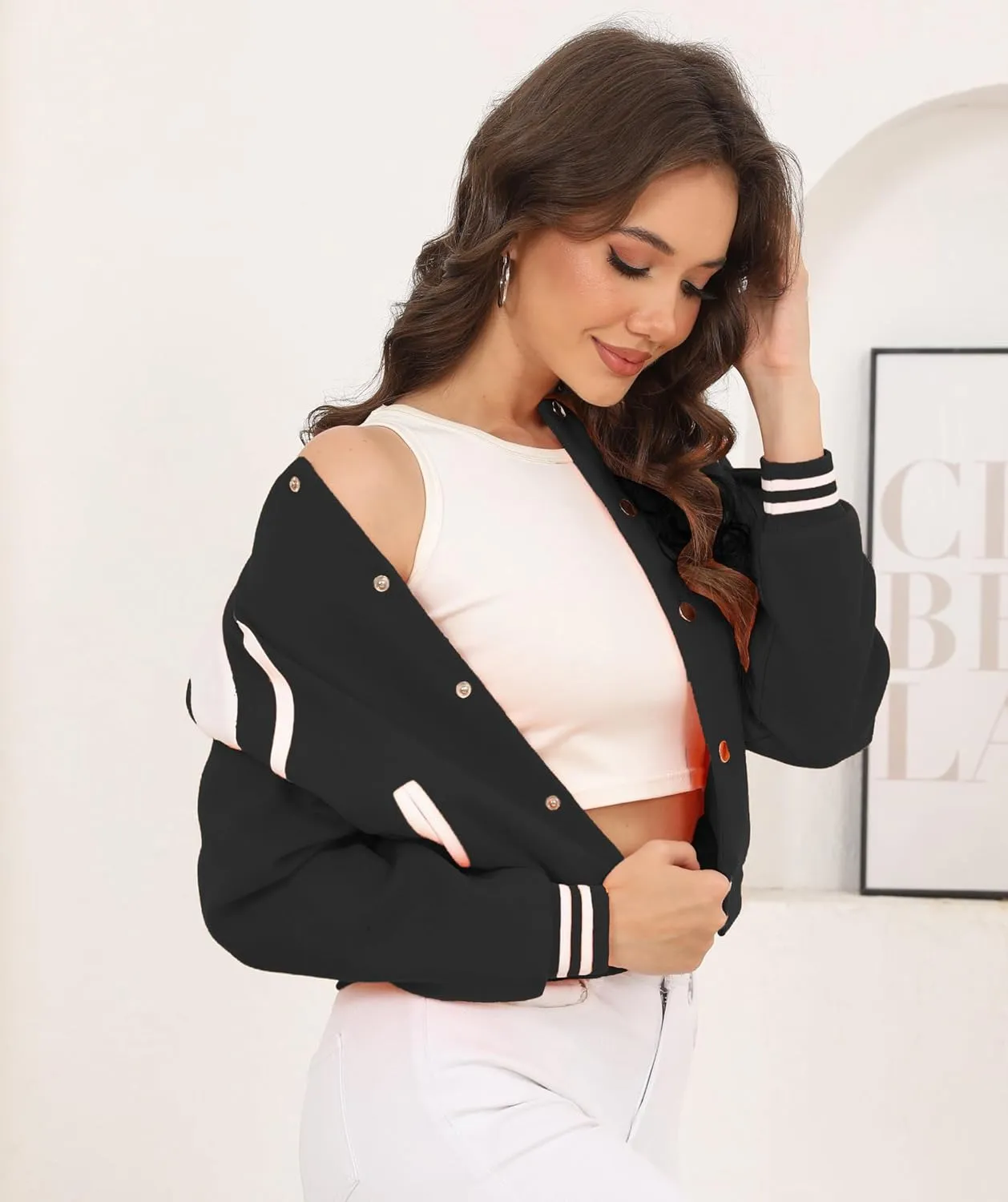 Womens Cropped Bomber Jacket Long Sleeve Button Down Baseball Varsity Fall Outerwear