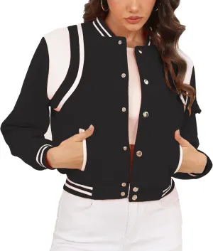 Womens Cropped Bomber Jacket Long Sleeve Button Down Baseball Varsity Fall Outerwear